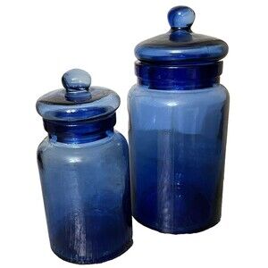 Lot 2 Cobalt Blue Glass Vintage Apothecary Jar Pier 1 Canister Set Lids 8 10.5in